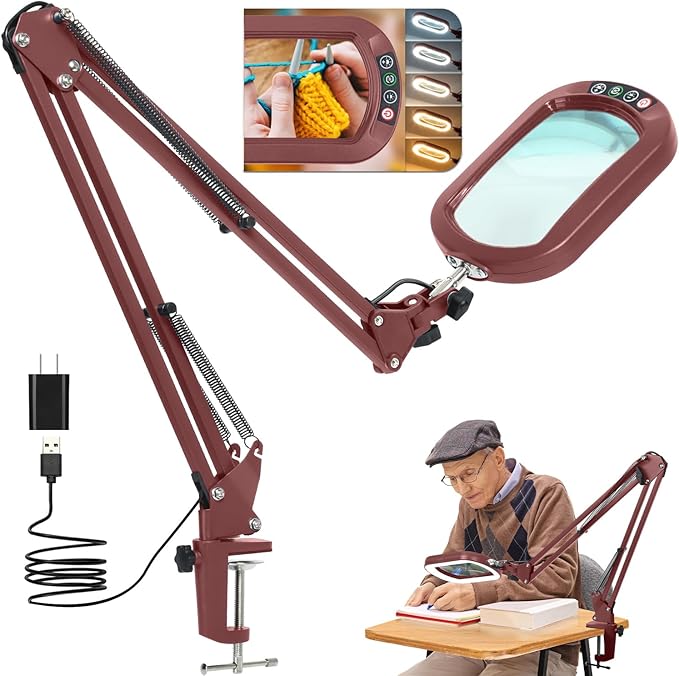 10X Large Magnifying Glass with Light and Clamp, Real Glass, 5 Color Modes, Stepless Dimmable, Lighted Magnifier with Stand Hands Free, LED Swing Arm Desk Lamp for Close Work, Craft, Reading - Red