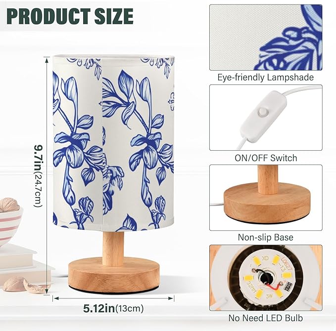 Flower LED Table Lamp, Bedside Lamp with Linen Lampshade, Flicker-Free Eye Care USB Plug in Nightstand Lamp, for Bedroom and Office