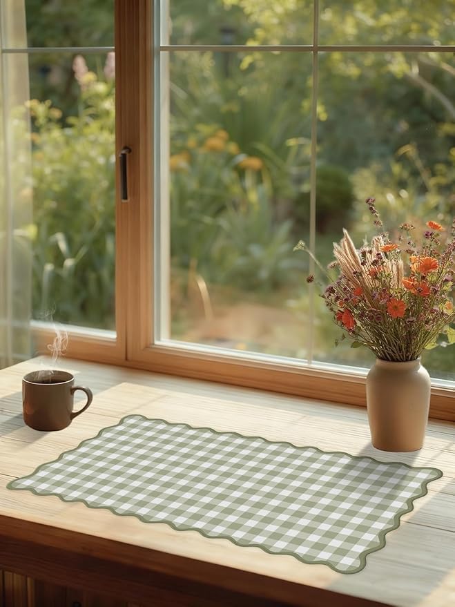 Scalloped‌ Green Checkered Desk Mat Cute Pastel Large Gaming Mouse Pad Gingham Kawaii Cottagecore ‌Vintage‌ Girly Keyboard Computer Mat Aesthetic Desk Pad Accessories Office Decor for Women