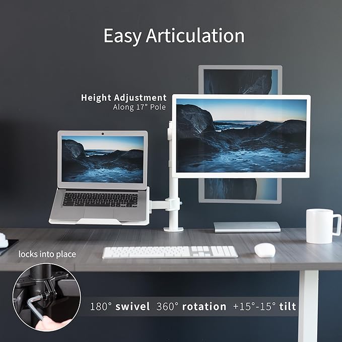 VIVO Fully Adjustable 13 to 32 inch Single Computer Monitor and Laptop Desk Mount Combo, Stand with Grommet Option, Fits up to 17 inch Laptops, White STAND-V002CW