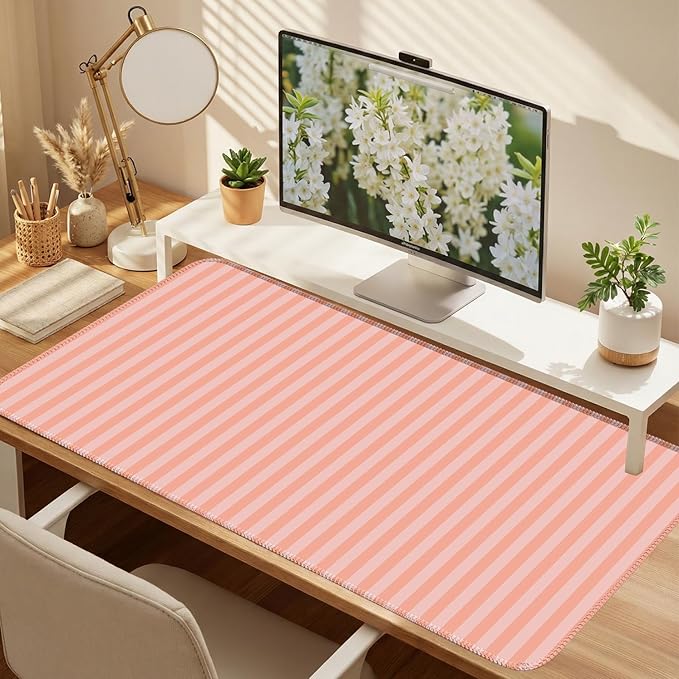 Orange Pink Striped Desk Mat Cute Pastel XXL Large Gaming Mouse Pad Desk Pad Kawaii Aesthetic Cozy Keyboard Laptop Computer Mat Home Office Decor for Women