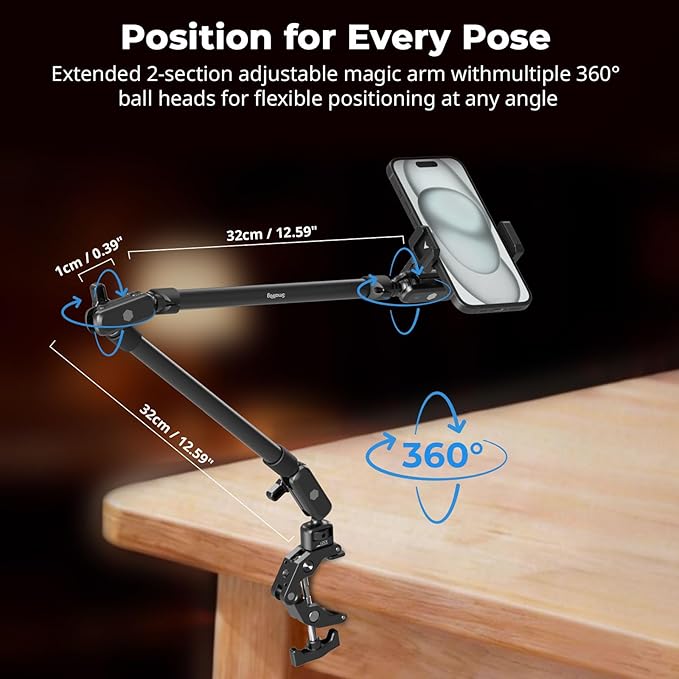SmallRig 25.9" Magic Arm with Super Clamp, Overhead Phone Mount, Flexible Desk Camera Mount with 1/4" Screw and Cable Clip, Max Load 2.2lb, for iPhone, Action Camera, Video Light, Webcam, Mic - 5625