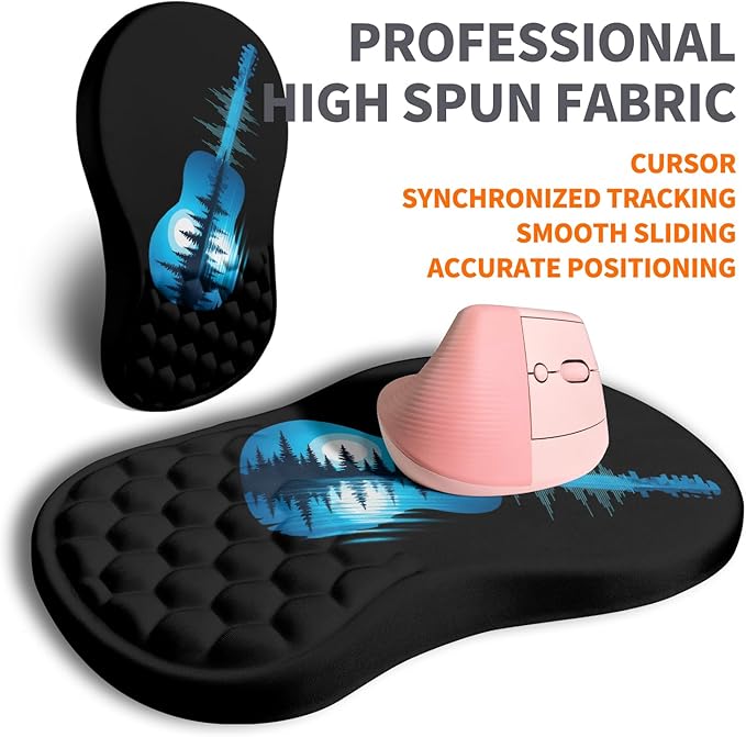 Ergonomic Joint Wrist Support Mouse Pad with Memory Foam Cushion Massage Bump, Carpal Tunnel Wrist Support Mousepad Slope Design for Wrist Rest, 11.8x7.9 in, Guitar