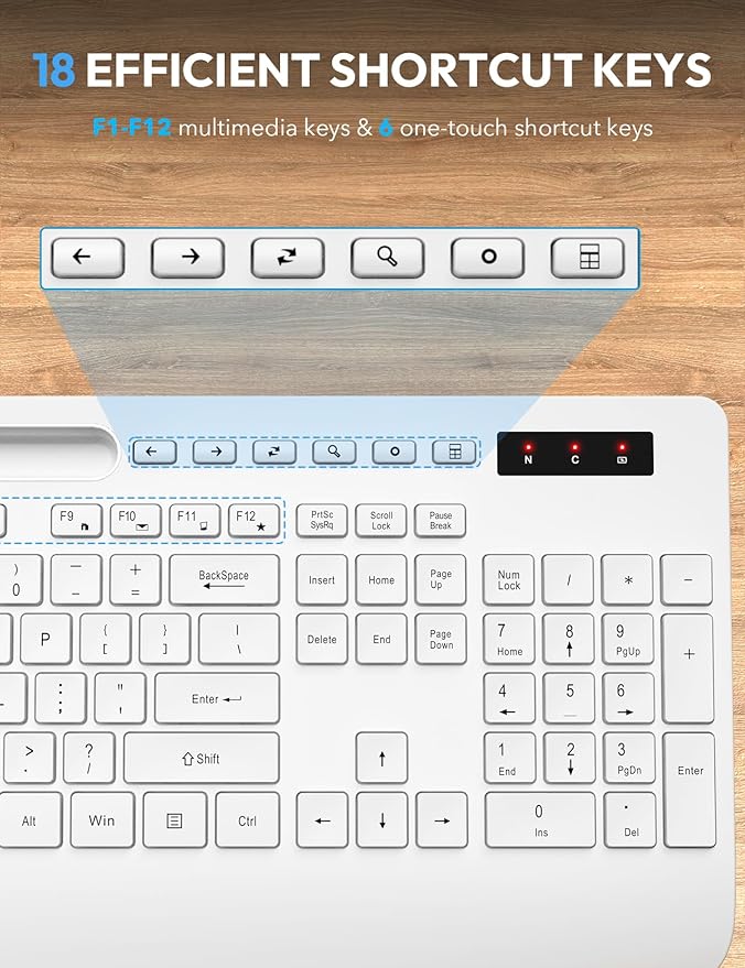 Wireless Keyboard and Mouse, Wrist Rest, Phone Holder, 2.4G Lag-Free Ergonomic Keyboards Mouse Combo, KM23D Silent Keyboards Set for Computer, Laptop, PC, Windows, White -SABLUTE