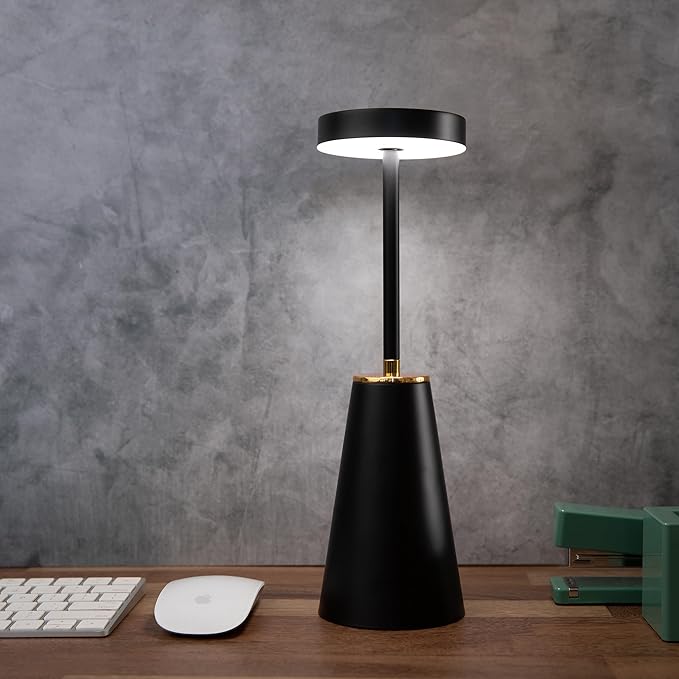 LED Wireless Table Light - USB-C Rechargeable Lamp Cordless - Touch Sensor - Dimmable Portable - 3 Brightness Modes - for Nightstand Restaurant Office Desk Indoor Outdoor - Black