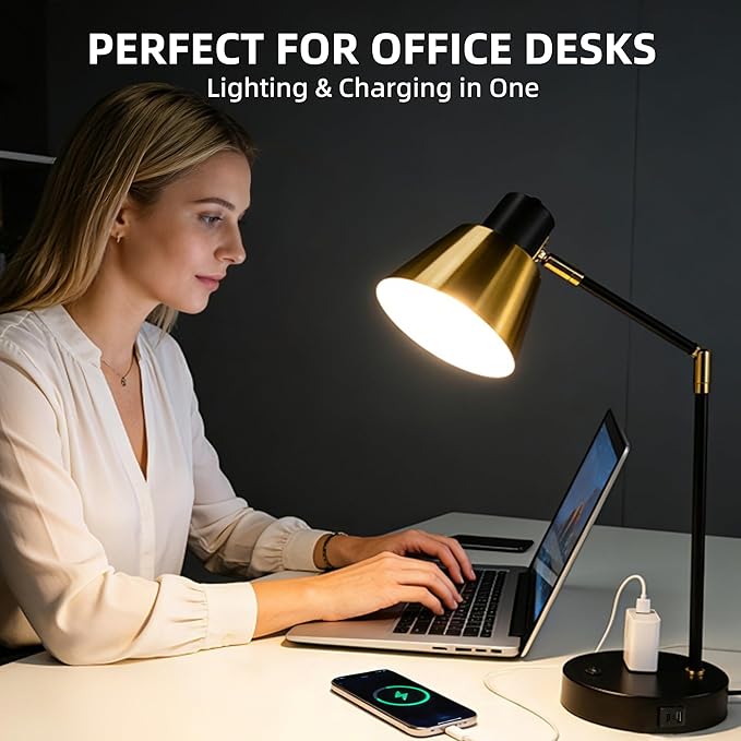 Modern Desk Lamp with USB & AC Outlet, Adjustable Industrial Table Lamp, Heavy Base, 270° Swivel, E26 Socket for A15/G45/T45 Bulbs, Bedside Lamp for Bedroom, Office, Living Room (Bulb Not Included)