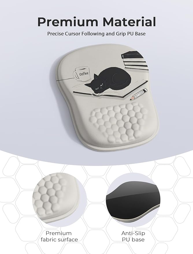 Ergonomic Mouse Pad with Cute Black Cat Design, for Carpal Tunnel Pain Relief, 65% Usable Mouse Area, Memory Foam Concave Wrist Rest for Office, PC, Gaming