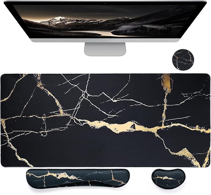 Bloss Gaming Mouse Pad Set, Large Desk Mat + Keyboard Wrist Rest + Mouse Wrist Support + Cup Coaster, Non-Slip Desk Pad, Computer Desk Accessories-Black Marble (35.4 x 15.7 Inches)