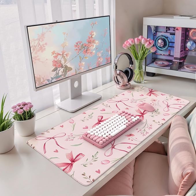 HAOCOO Pink Coquette Desk Mat for Keyboard and Mouse,Cute Floral Large Mouse Pad,Non-Slip Waterproof Desk Pad,Computer Mat with Edge Stitching for Office (Love Bow)