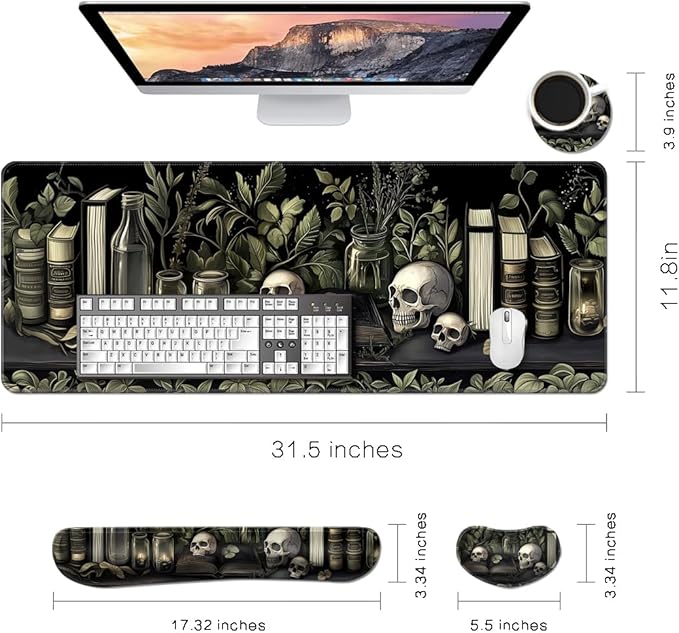 MIBITRI Keyboard Mouse Pad Set, Extended Gaming Mouse Pad+Ergonomics Keyboard Wrist Rest Support, Memory Foam, Easy Typing, 4Pcs XXL Ultra Thick Desk Mat, Dark Academia