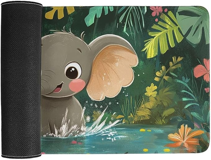 Large Ergonomic Gaming Mouse Pad Playful Baby Elephant - Fun Safari Animal Theme with Non-Slip Base Water-Resistant Surface and Stitched Edges 30x60cm