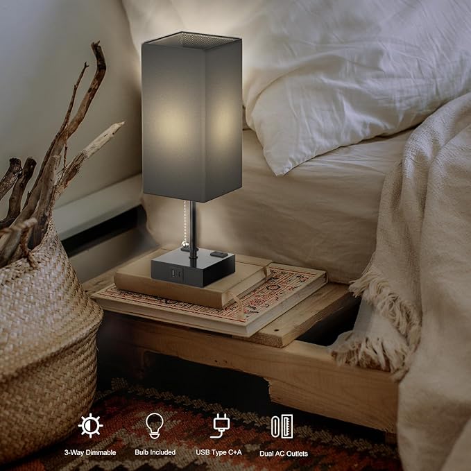 Table Lamp for Bedroom with USB,Bedside Lamp with USB C+A Charging Ports,Adjustable 3color LED Light for Home Decor/Nightstand/Office,Included Bulb and Fabric Lamp Shade (Linen Black, 1PCS)