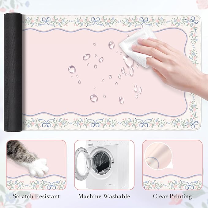 HAOCOO Cute Floral Desk Matt for Desktop, Pink Bow Computer Desk Mat, Non-Slip Waterproof XXL Mouse Pad for Desk, Gaming & Office, Desk Pad Mat for Women Office Aesthetics