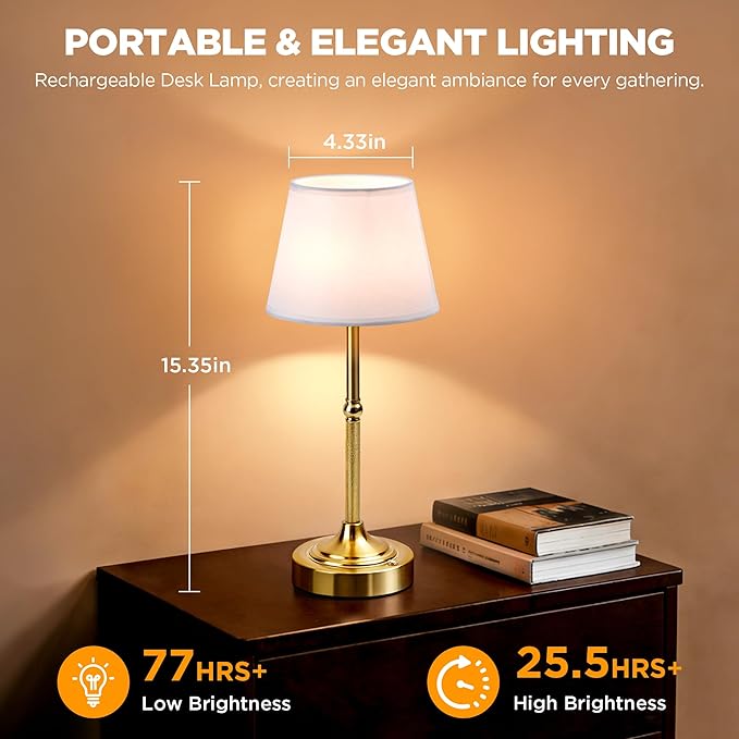 LUTEC 2 Pack Cordless Table Lamp, Battery Operated Lamp with 3 Color Temps and Stepless Dimming, 5200mAh Portable Rechargeable Table Lamp for Restaurant/Bedroom/Bars/Outdoor (Brushed Gold)