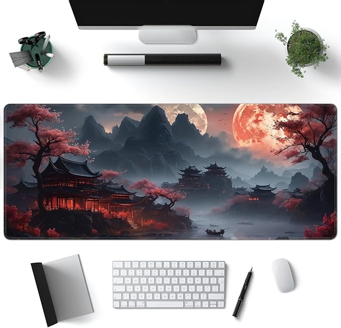 Desk Mat, Japanese Full Moon XXL 35.4"x15.7"Large Gaming Mouse Pad, 3mm Thick Gaming Keyboard Pad,Desk Pad Non-Slip Rubber Base with Stitched Edges for Office Game Home Decor