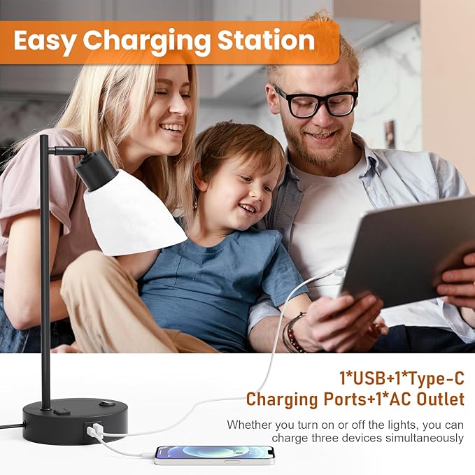 Neoglint Industrial Desk Lamp, Dimmable Table Lamp with USB C & A Ports + AC Outlet, Vintage Nightstand Lamp with 3D Lunar Texture Shade & LED Bulb, Adjustable Reading Light for Bedroom, Black