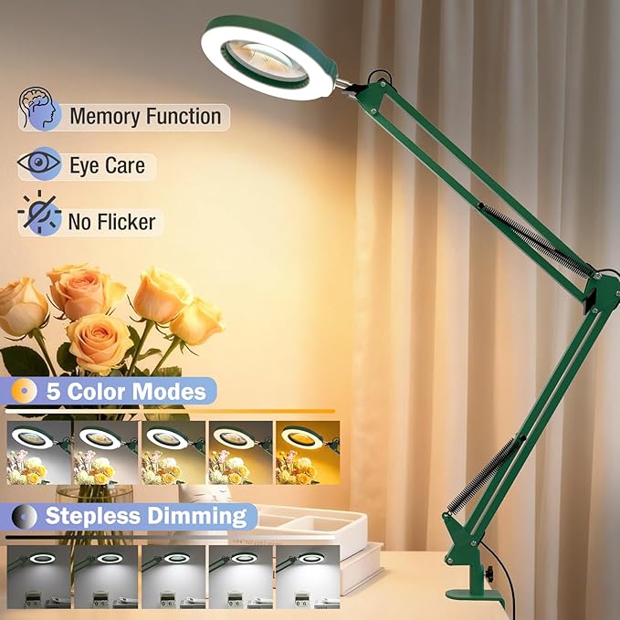 10X Magnifying Glass with Light and Clamp, Real Glass Stand Lighted Magnifier, 5 Color Modes Stepless Dimmable LED Desk Lamp Hands Free for Crafts Hobby Reading Painting Sewing Close Work Large Green