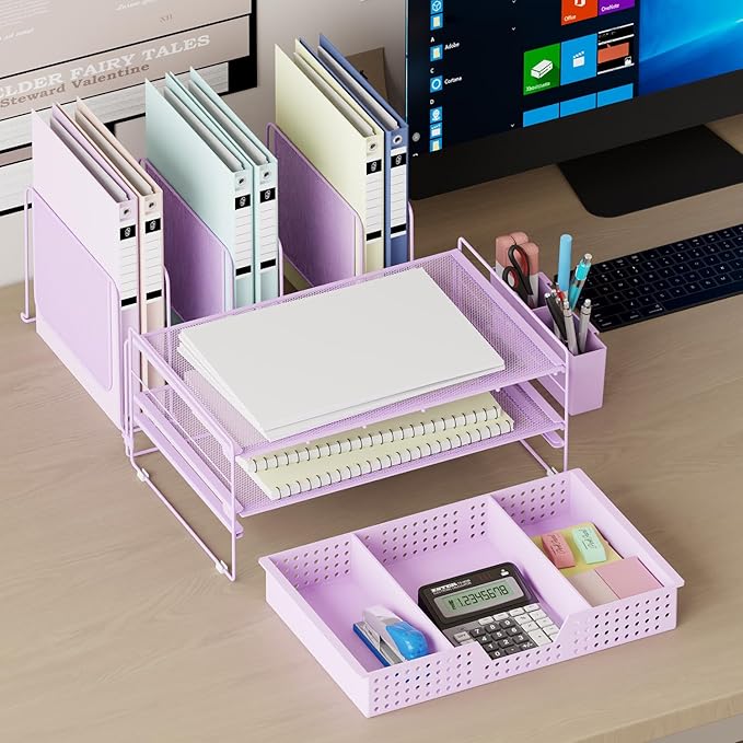Desk Organizer, Office Organization with Vertical File Holder, File Organizer with Drawer and Pen Holder, Desk Accessories and Workspace Organizers for Home Office (Purple)