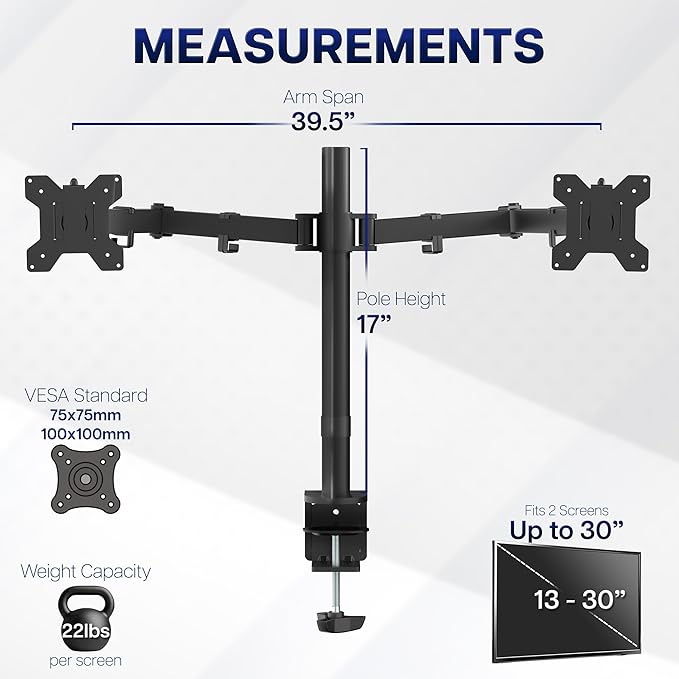 VIVO Dual Ultrawide Monitor Desk Mount, Heavy Duty Fully Adjustable Steel Stand, Holds 2 Computer Screens up to 38 inches and Max 22lbs Each, Black, STAND-V038