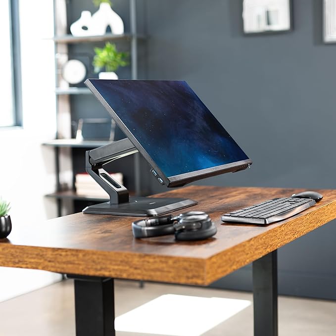 VIVO Premium Single 17 to 32 inch VESA Monitor and Touch Screen Desk Stand with Rotating Base, Freestanding Pneumatic Height Adjustable Arm, 12 inch Maximum Screen Height, Black, STAND-V001R
