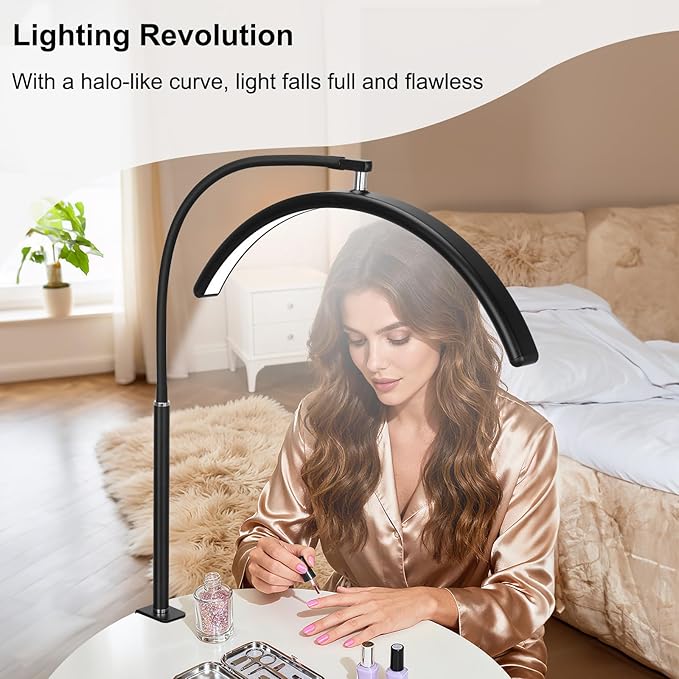 Professional Half Moon LED Desk Light for Nail Techs & Artists – Flexible Gooseneck Arch Table Lamp with Clamp, 5 Color Modes & 5 Brightness Levels for Manicure, Tattoo, Beauty Work
