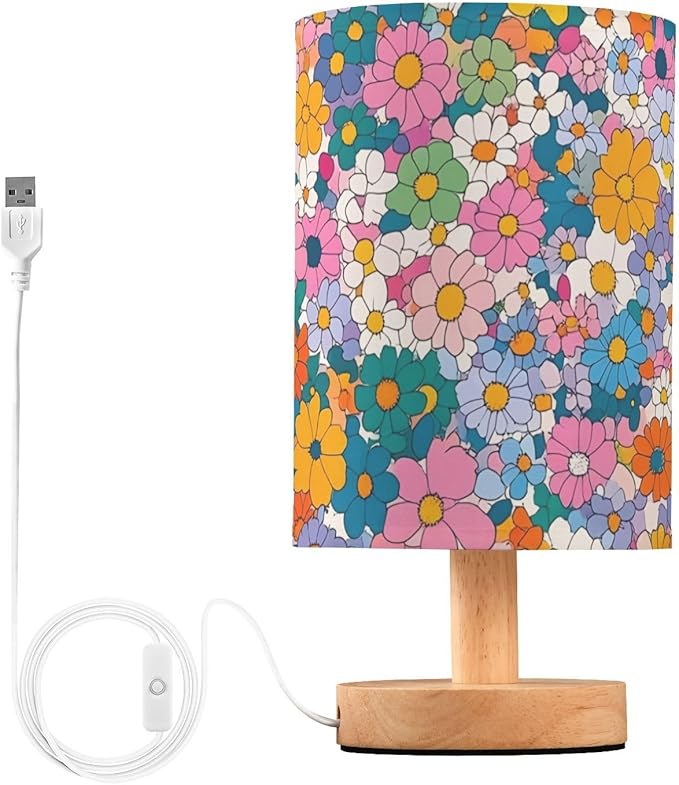 Colorful Floral LED Table Lamp, Bedside Lamp with Linen Lampshade, Flicker-Free Eye Care USB Plug in Nightstand Lamp, for Bedroom and Office