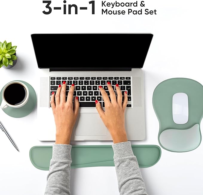 Wrist Rest Support for Mouse Pad Keyboard Set Circle Coaster Gaming Mouse Pad Ergonomic Gel Memory Foam Set for Computer, Laptop, Office, Comfortably Typing Pure Green KM-34