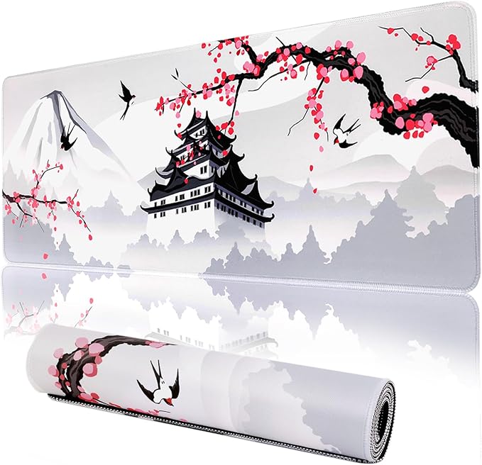 Japanese Cherry Blossom Gaming Mouse Pad 31.5x11.8in Pink Full Desk Japanese Sakura Gaming Mouse Pad Large Non-Slip Rubber Base Waterproof Big Keyboard Mat with Stitched Edges for Game Office