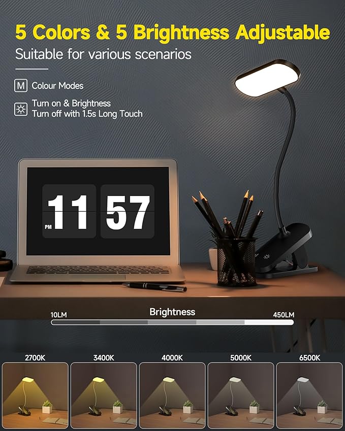 CUHIOY Desk Lamp Clip on Reading Light, USB-C Battery-Operated Rechargeable Table Lamps with Clamp for Dorm Home Office, 38LEDs Bed Headboard Light, 5 Colors 5 Brightness, Flexible Gooseneck (Black)