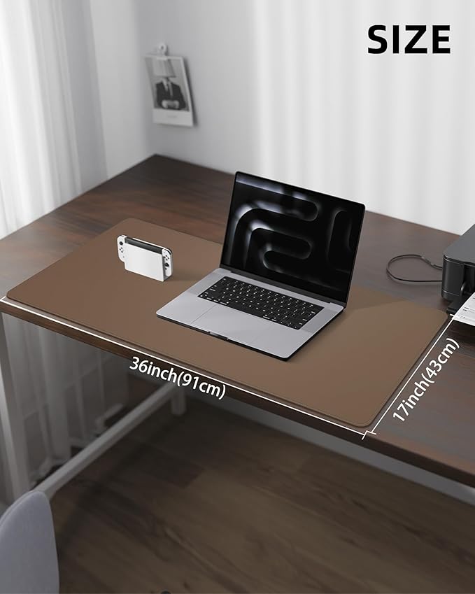 Leather Desk Pad Protector,Desk Mat,Large Mouse Pad, Non-Slip Desk Pad, Waterproof PU Leather Desk Blotter Mat, Desk Cover for Office and Home (Dark Khaki, 36" x 17")
