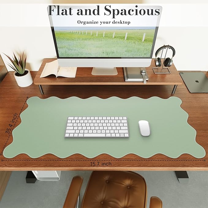 iCasso Leather Desk Pad,Extra Large Mouse Pad for Laptop,Cute Scalloped Nail Table Mat for Women Girl,Non-Slip Keyboard Mat Green,Waterproof PU Desk Cover Mat for Office Home Dorm Travel