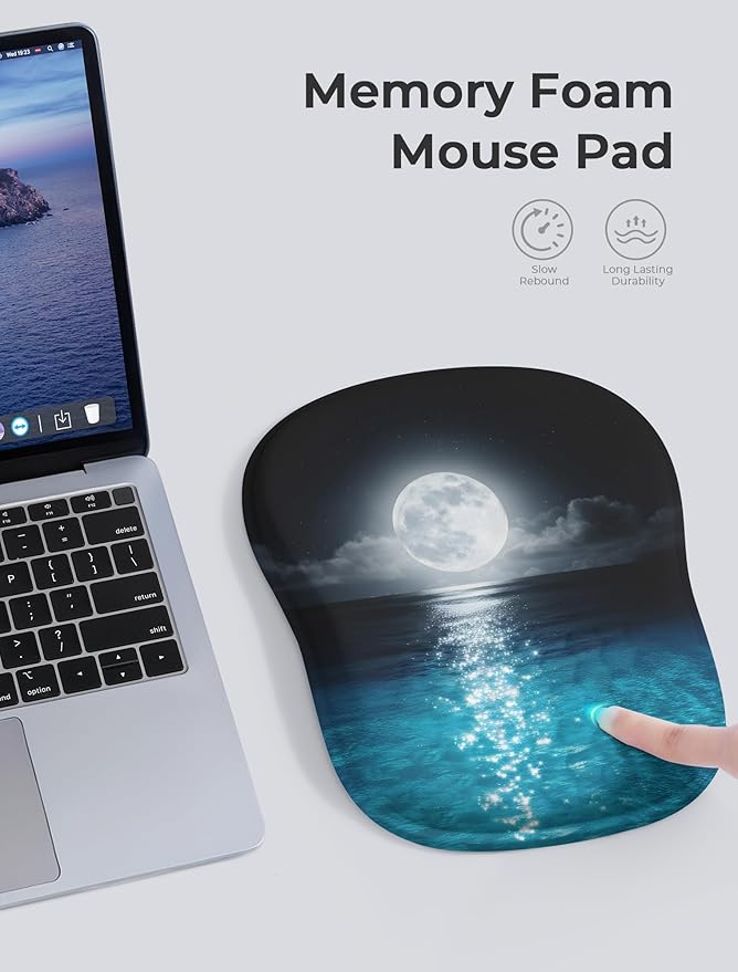Blue Ocean and Moon Aesthetic Ergonomic Mouse Pad for Carpal Tunnel Pain Relief, 65% Usable Mouse Area, Memory Foam Concave Wrist Rest for Office, PC, Gaming