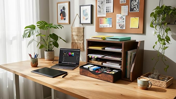 Wooden file Organizer with Drawer, Office Wood Desk Organizer with drawers, with 4 Adjustable Shelves, Mail Sorter with Drawer, Office Desk Paper Holder, Brown,assembly required