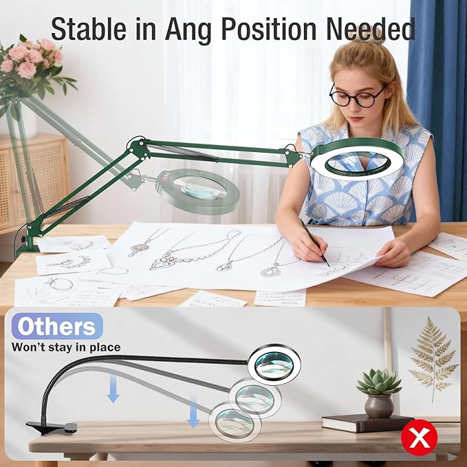 10X Magnifying Glass with Light and Clamp, Real Glass Stand Lighted Magnifier, 5 Color Modes Stepless Dimmable LED Desk Lamp Hands Free for Crafts Hobby Reading Painting Sewing Close Work Large Green