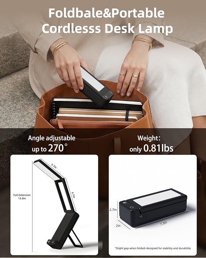 EZVALO LED Rechargeable Desk Lamp, 6000mAh Battery Operated Light, Cordless Table Lamp for Book Reading, Foldable Mini Lamps & Portable, 3 Color Dimmable Small Wireless Reading Lamp, Black