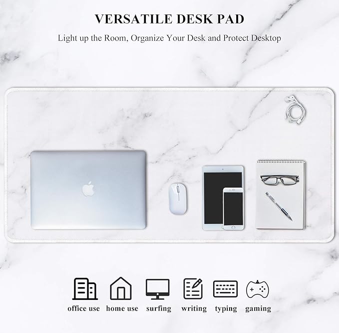 Auhoahsil Large Gaming Mouse Pad, Marble Theme XXL 35.4 x 15.7 in Desk Pad Stitched Non-Slip Rubber Long Computer Mousepad Thin Extended Full Size Desk Mat for Desktop, Laptop, Wireless Mice, White