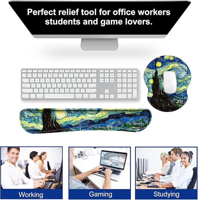 ARTSO Ergonomic Mouse Pad with Wrist Rest, Comfortable Keyboard Wrist Rest, Memory Foam Mousepad for Computer Keyboard, Mouse Pad Set for Easy Typing & Comfort, Starry Sky Oil Painting