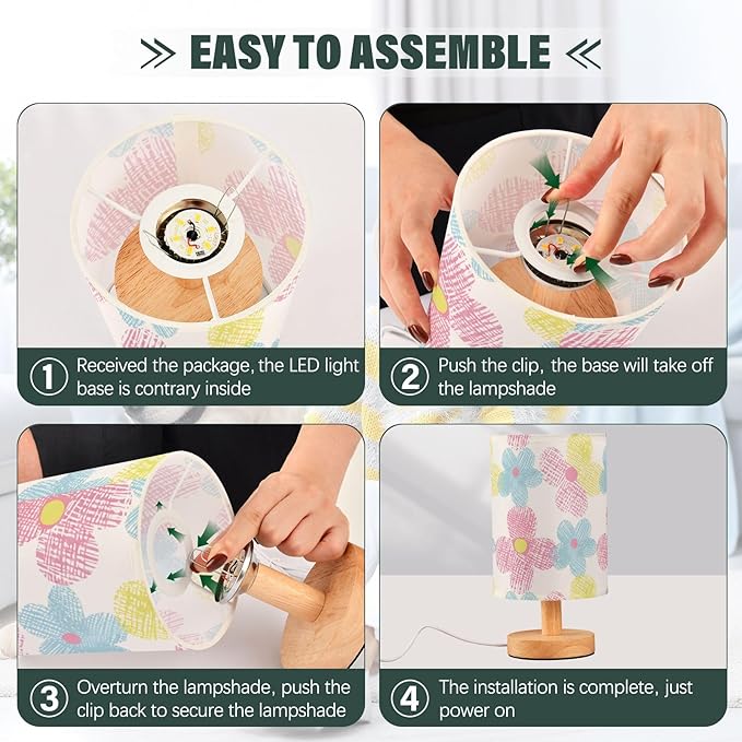 Flower LED Table Lamp, Bedside Lamp with Linen Lampshade, Flicker-Free Eye Care USB Plug in Nightstand Lamp, for Bedroom and Office