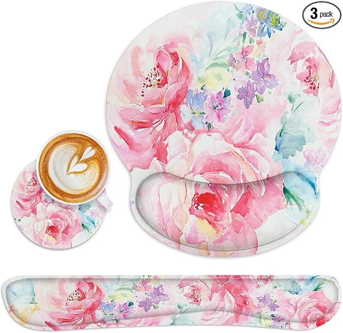Britimes Flower Painting Watercolor Abstract Ergonomic Mouse Pad Set with Wrist Rest Non-Slip Rubber Base Wrist Cushion Support and Coasters Mousepad with Wrist Support for Computer Keyboard and Desk