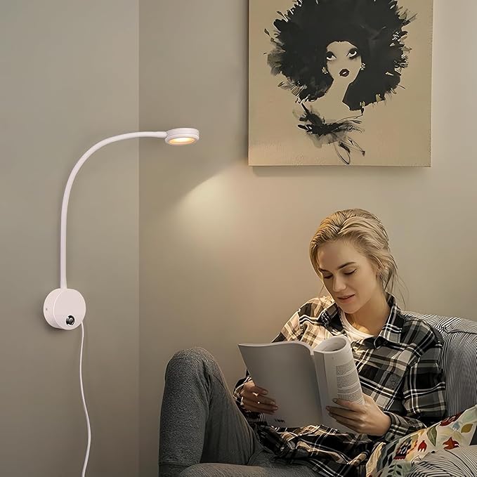 Dimmable LED Reading Lamps,Wall Mount Reading Lights for Bed Headboard,Flexible Gooseneck with Touch Dimmer Plug in Wired Sconce,3 Color Modes,10 Brightness Leves, USB Output(5V 2A), White 1 Pack