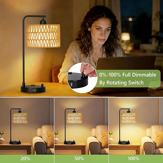 Dimmable Rattan Lamp Set of 2 with Bulbs, Boho Table Lamps with USB Charging Ports and Outlet, Wicker Bedside Lamps for Bedroom Living Room Side Table, Tall Desk Lamp for Bohemian Home Office