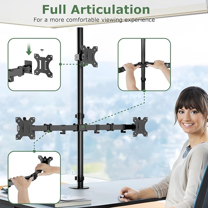 3 Monitor Desk Mount for 17 to 32 inch Screens, Fully Adjustable Triple Monitor Stand with Tilt,Swivel,Rotate, Each Arm Holds up 17.6 lbs,VESA Mount 75x75/100x100mm, Clamp & Grommet Kit