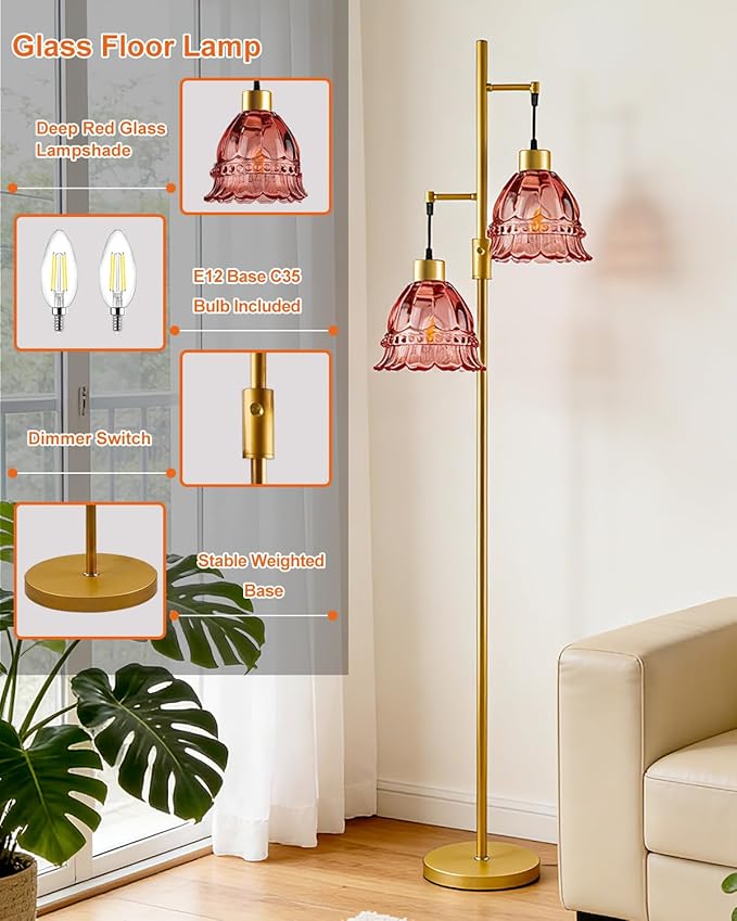 Gold Dimmable Floor Lamp for Living Room, 2-Light 65IN Tall Standing Lamps with Rose Red Glass Lampshade, 3000K Warmwhite Mid Century Modern Floor Lamp for Bedroom/Home Office/Corner