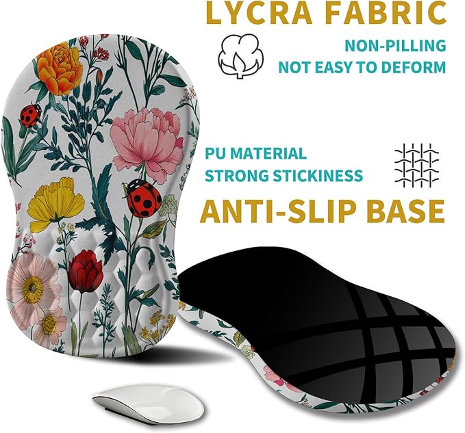 Hokafenle Ergonomic Mouse Pad Wrist Support, Wrist Rest Mousepad for Carpal Tunnel with Integrated Memory Foam Slope Massage Bulge (11.8x7.9 inch,Flowers and Ladybugs)