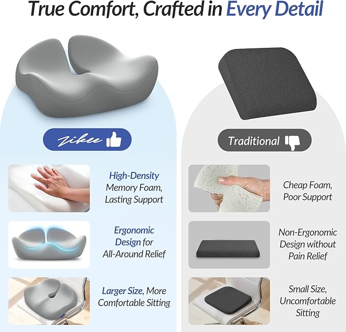 ZIKEE Pioneering Seat Cushion for Pressure Relief, Ergonomic Office Chair Cushion for Coccyx, Back & Lumbar Support, High-Density Memory Foam Car Seat Cushion with Anti-Slip Base