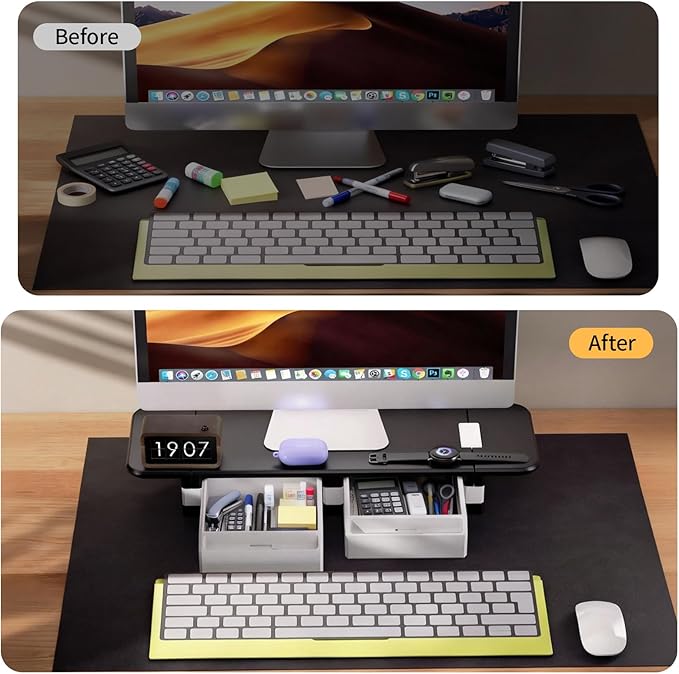 Computer Monitor Stand, Desk Organizer and Accessories with 2 Drawers, Multi-purpose Monitor Riser / Laptop Stand, Sturdy Desktop Storage Organizer for Office Supplies, Black