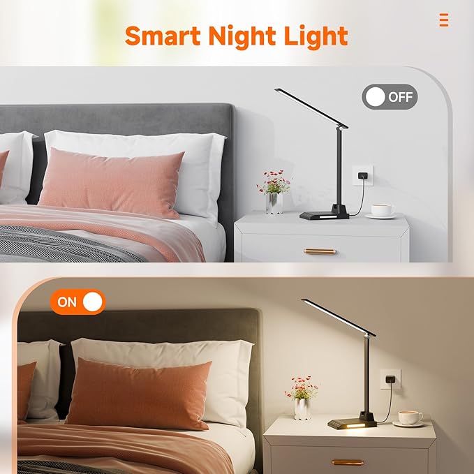 ShineTech LED Desk Lamp with USB-C Charging Port, Dimmable Desk Lamp for Home Office, Eye-Caring Reading Lamp with 25 Lighting Modes, Small Desk Light for Bedroom Nightstand with Adapter