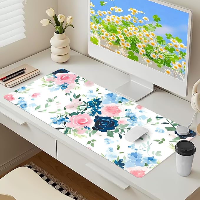 Bloss Pink+Blue Flower Desk Mat, Leather Desk Pad, Desk Matt for Desktop, Waterproof Desk Pad Mat, Computer Mat for Office Work/Home-31.5 x 15.7 Inches