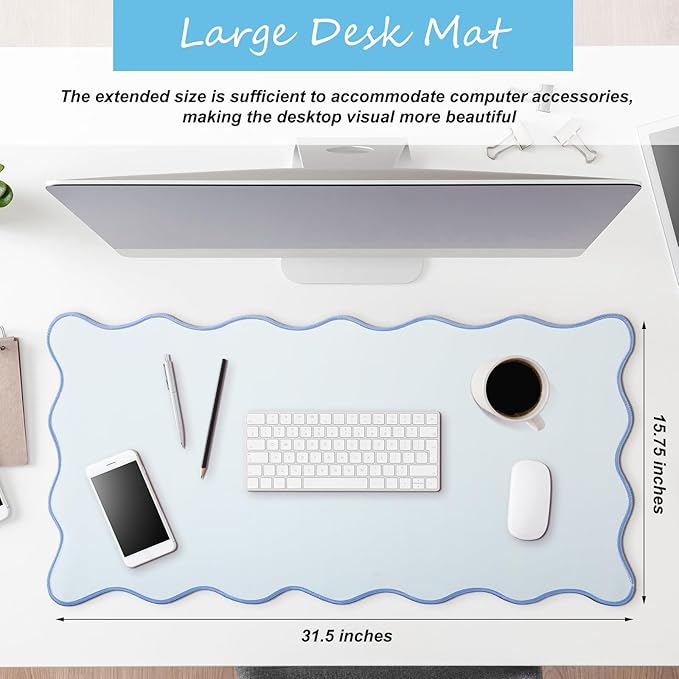 Scalloped Desk Mat Large Scalloped Piping Cute Desk Mat Aesthetic Preppy Table Pad Large Nonslip Pad with Edge Stitching Waterproof Gaming(Blue,31.5 x 15.75 Inches)
