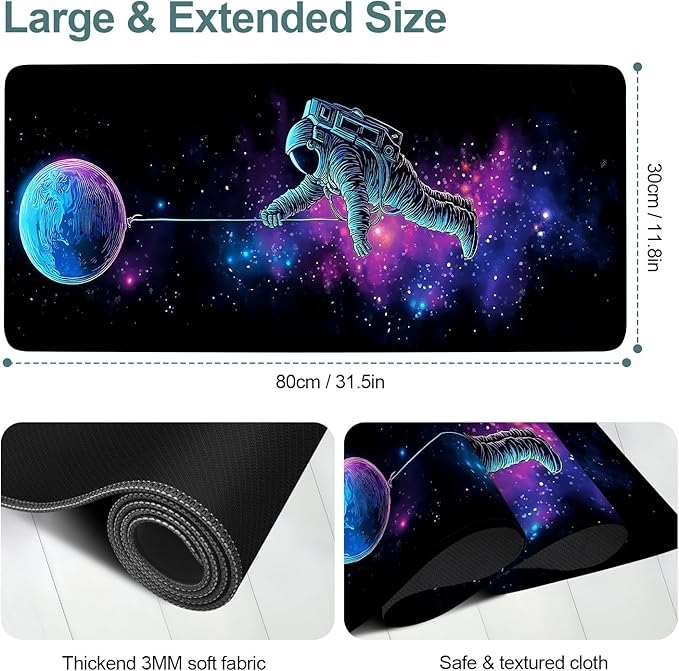 Interstellar Astronaut Extended Gaming Mouse Pad 31.5x11.8inches Large Desk Mat Anti-Slip Rubber Base & Durable Stitched Edges for Gamers Smooth Mouse Writing Surface for Desk Office/Home